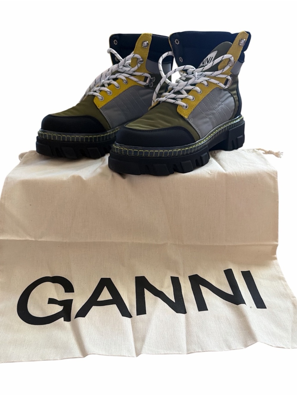 Ganni Olive, Yellow & Black Chunky Hiker Boots